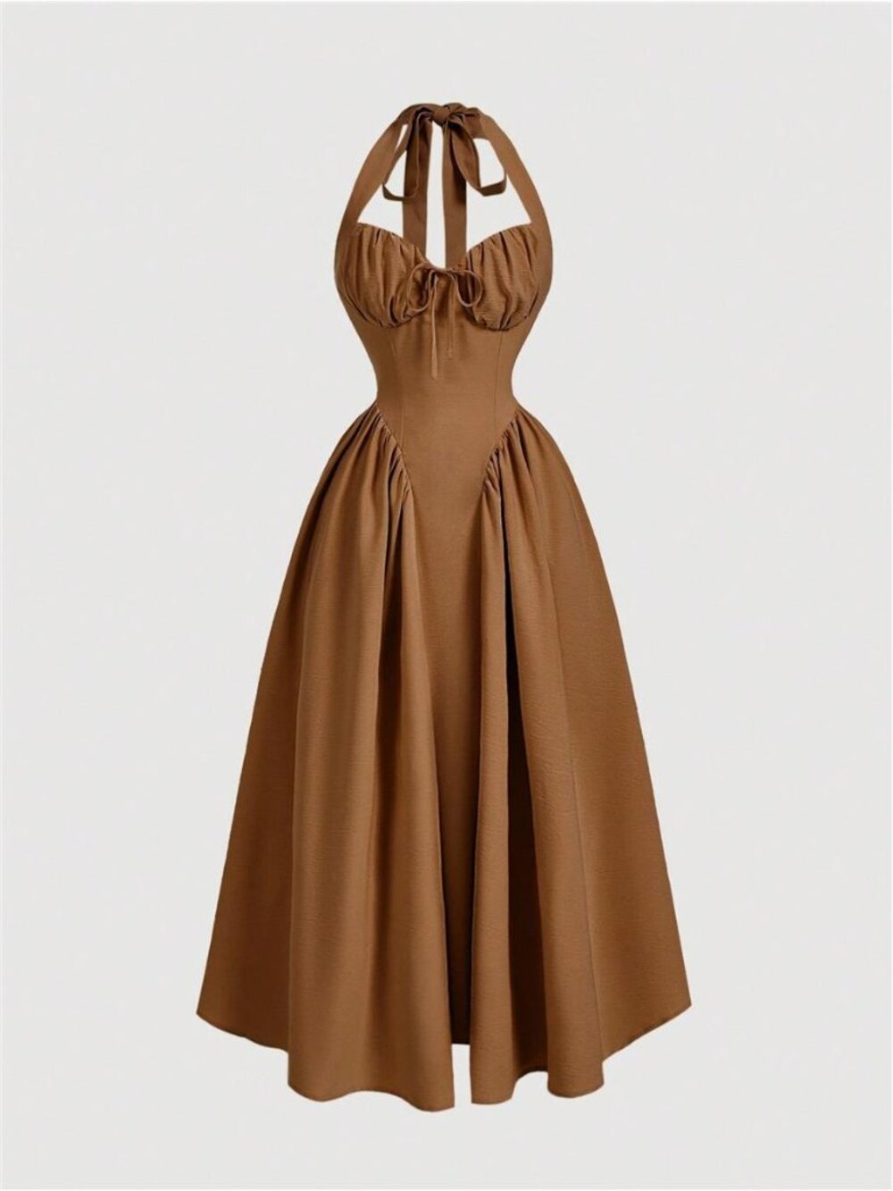 Halter Neck Ruched Bow Swing Dress,Coffee Brown Summer 70s